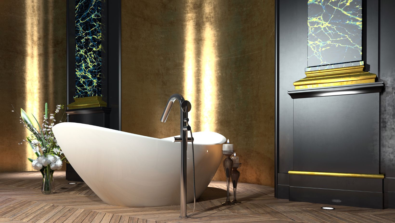 a black and gold themed bathroom featuring a reclaimed wood flooring