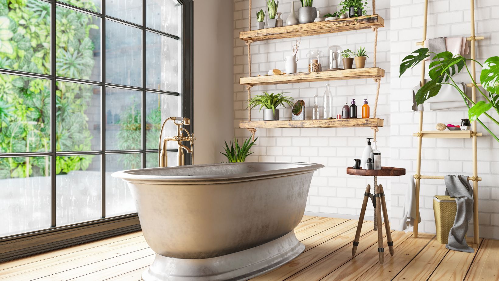 A bathtub surrounded by a window and indoor plants