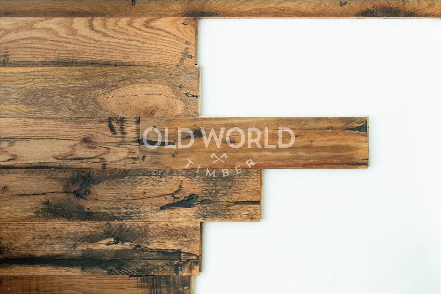 Sample layout of Industrial Oak engineered flooring, highlighting the varied textures and reclaimed history in each board.
