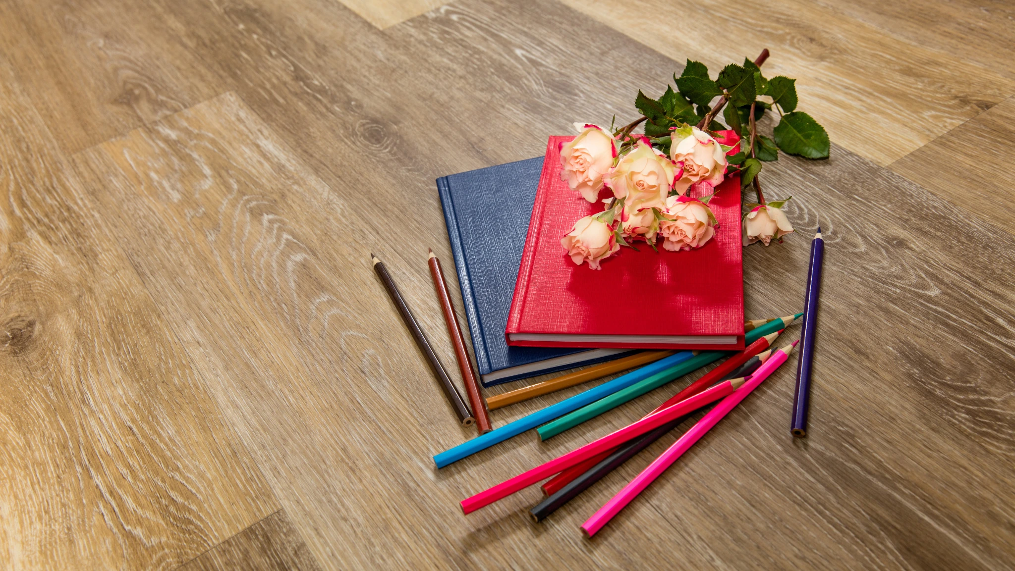 roses, multicolored books and pencils on a wood floor