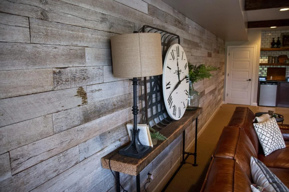 gray reclaimed wood wall paneling