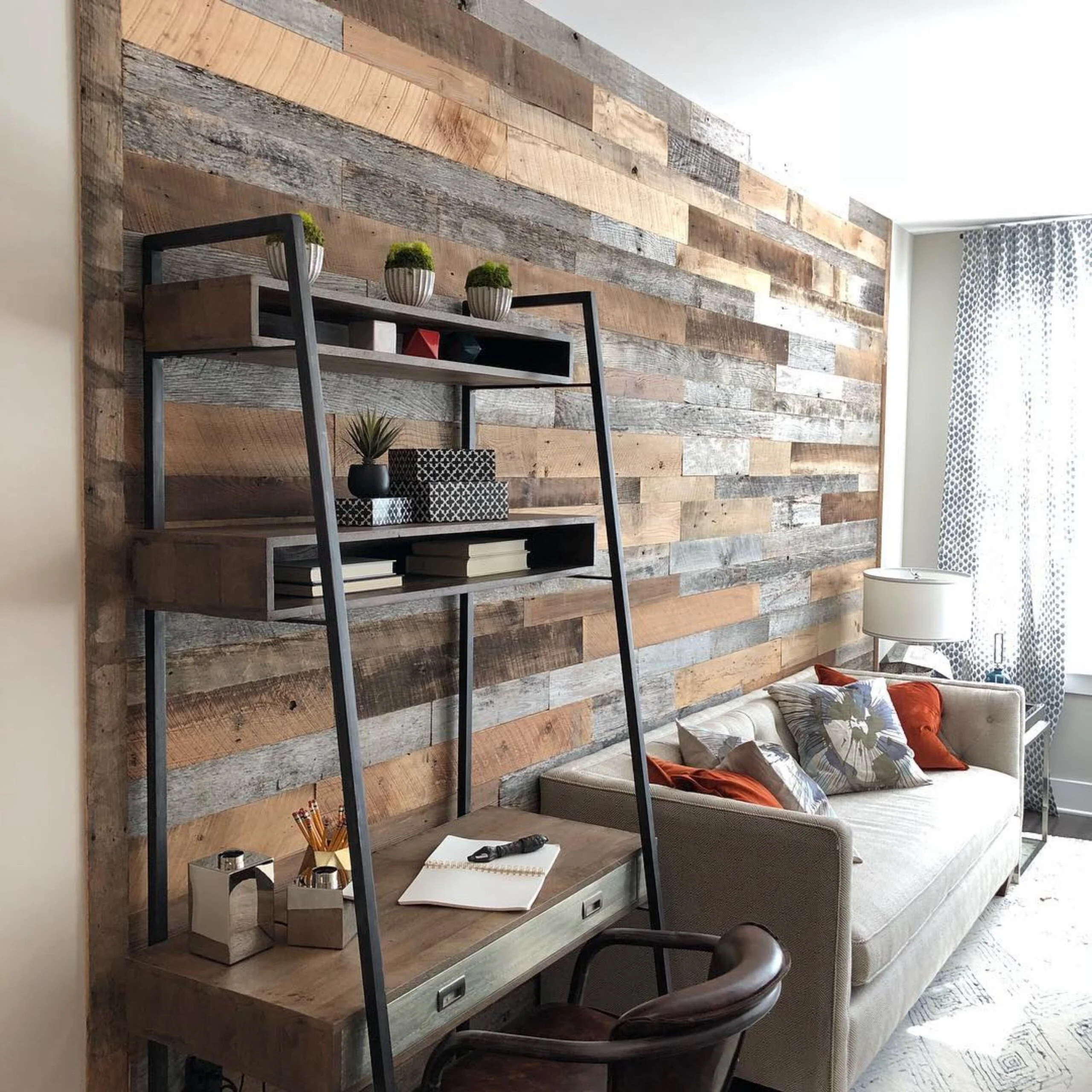 living room featuring recycled wood wall paneling