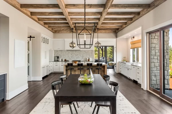 The dining room with reclaimed wood beams