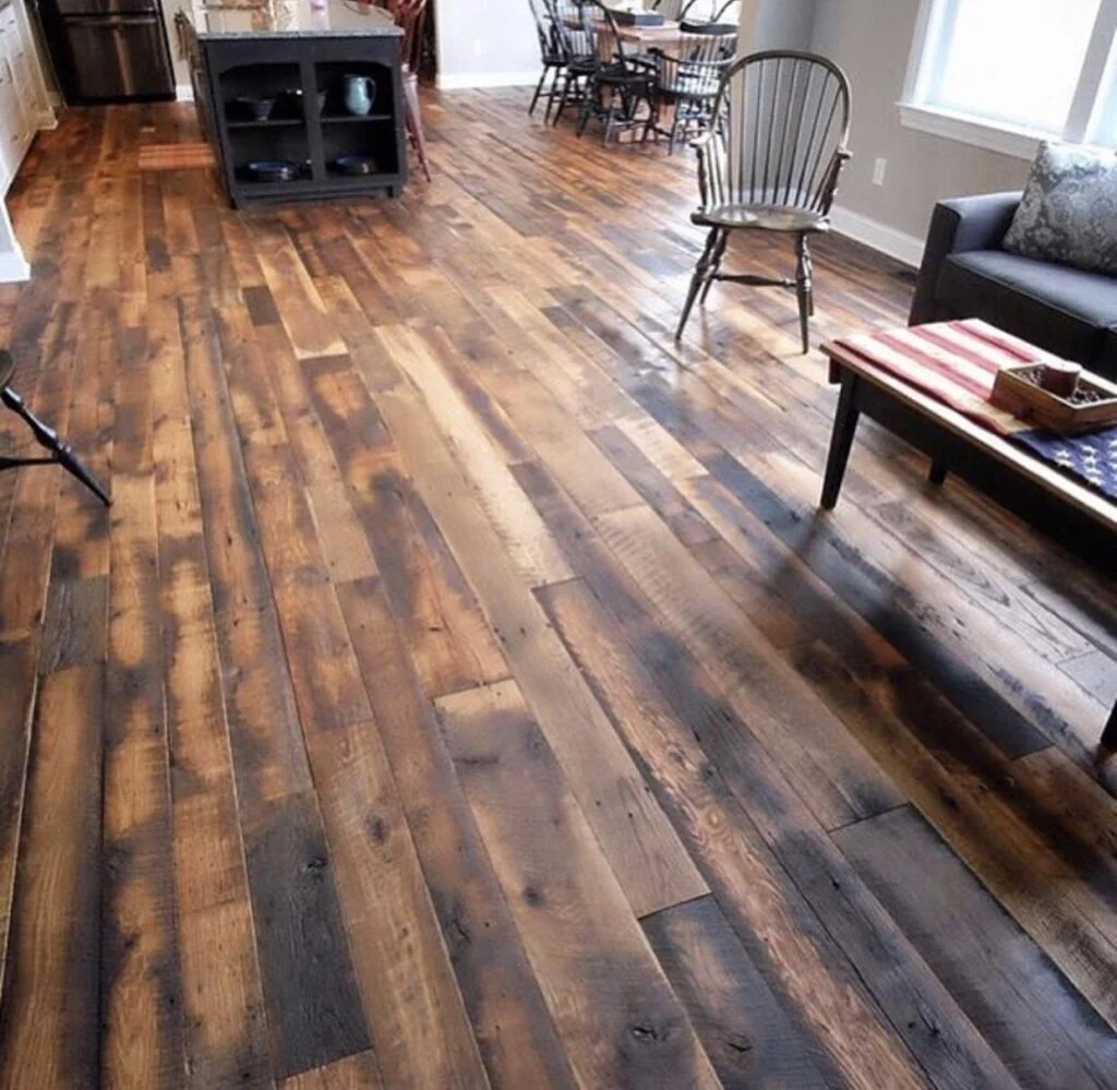 Reclaimed wood for sale: barnwood oak skip-planed tongue and groove solid flooring in a living room