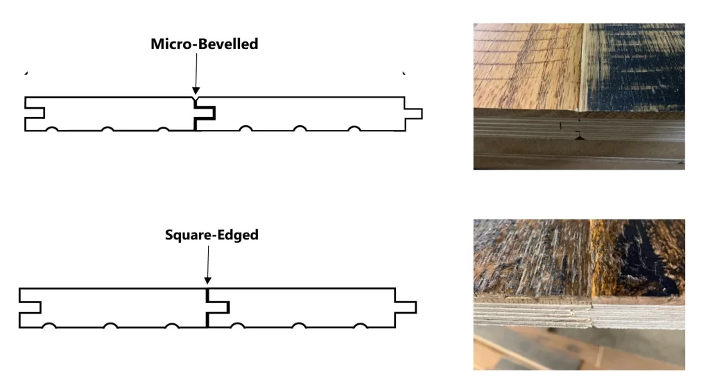 Milling specifications of a micro-bevelled tongue and groove plank and a square edged tongue and groove plank for sale.