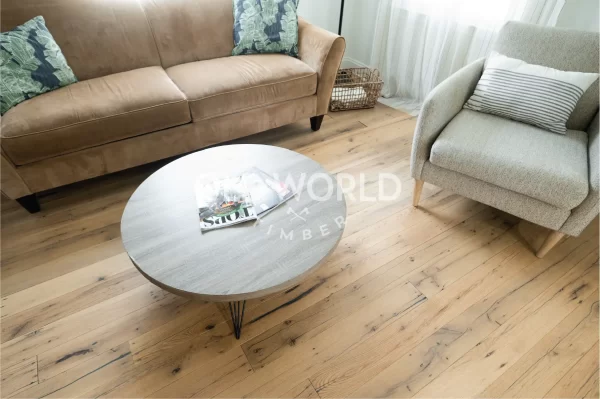 White oak engineered flooring reclaimed from antique American factories, offering clean lines and enduring style.