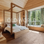 Modern bedroom interior showcasing Oak Rift and Quartered engineered flooring and natural wood walls.