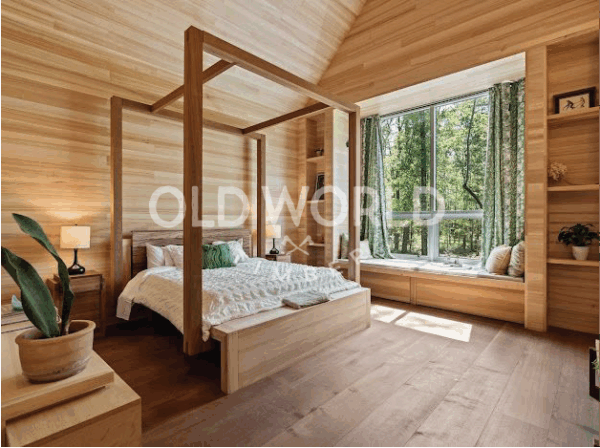 Modern bedroom interior showcasing Oak Rift and Quartered engineered flooring and natural wood walls.
